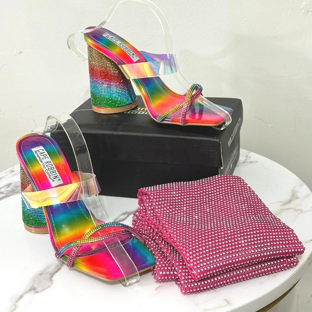 Cape Robbin Beatrizia Rainbow Rhinestone Block Heels Pink Mesh Leggings Set 8.5‎